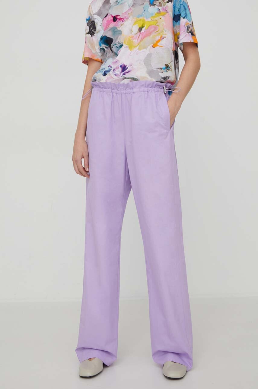 Stine Goya pantaloni de bumbac Carola Solid culoarea violet, drept, high waist