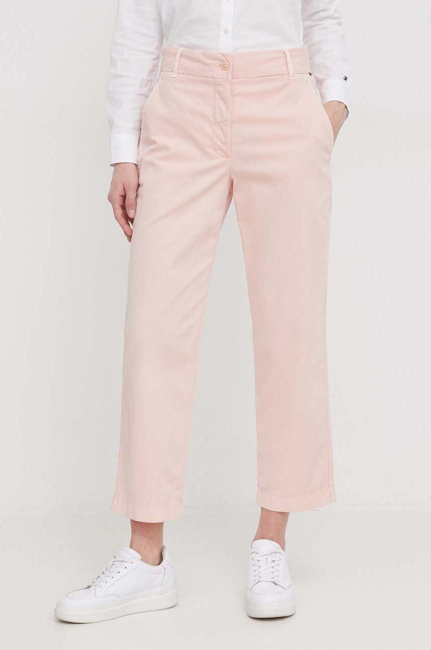 Kalhoty Tommy Hilfiger dámské, růžová barva, jednoduché, high waist, WW0WW41352