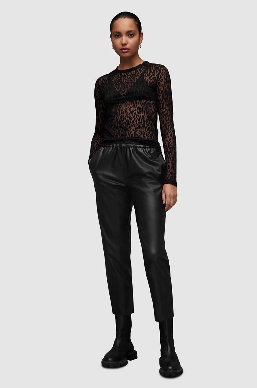 AllSaints pantaloni de piele Jen femei, culoarea negru, drept, high waist