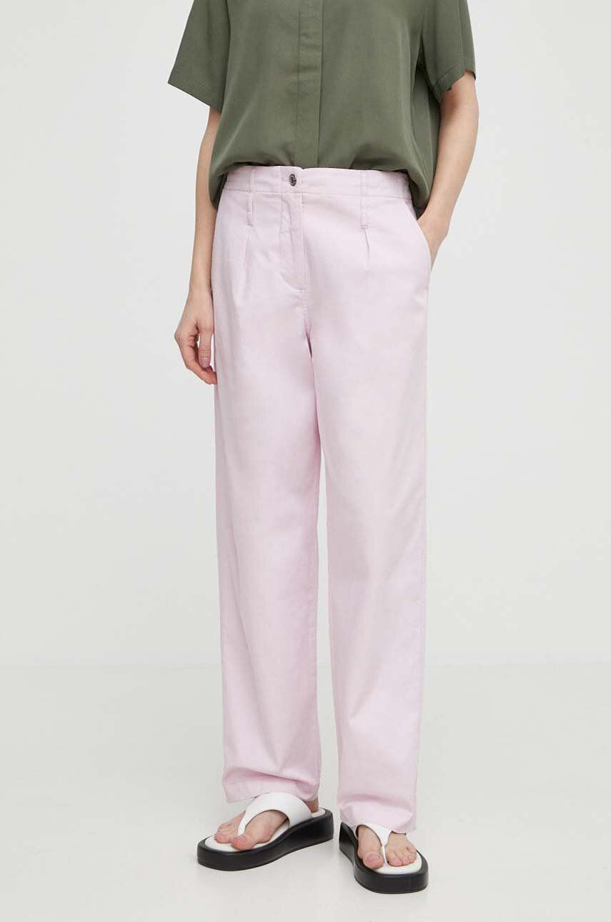 Samsoe Samsoe pantaloni din amestec de in culoarea roz, drept, high waist