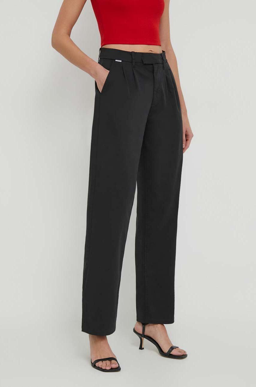 Kalhoty Pepe Jeans Tina dámské, černá barva, střih chinos, high waist - černá - Hlavní materiál: 53 