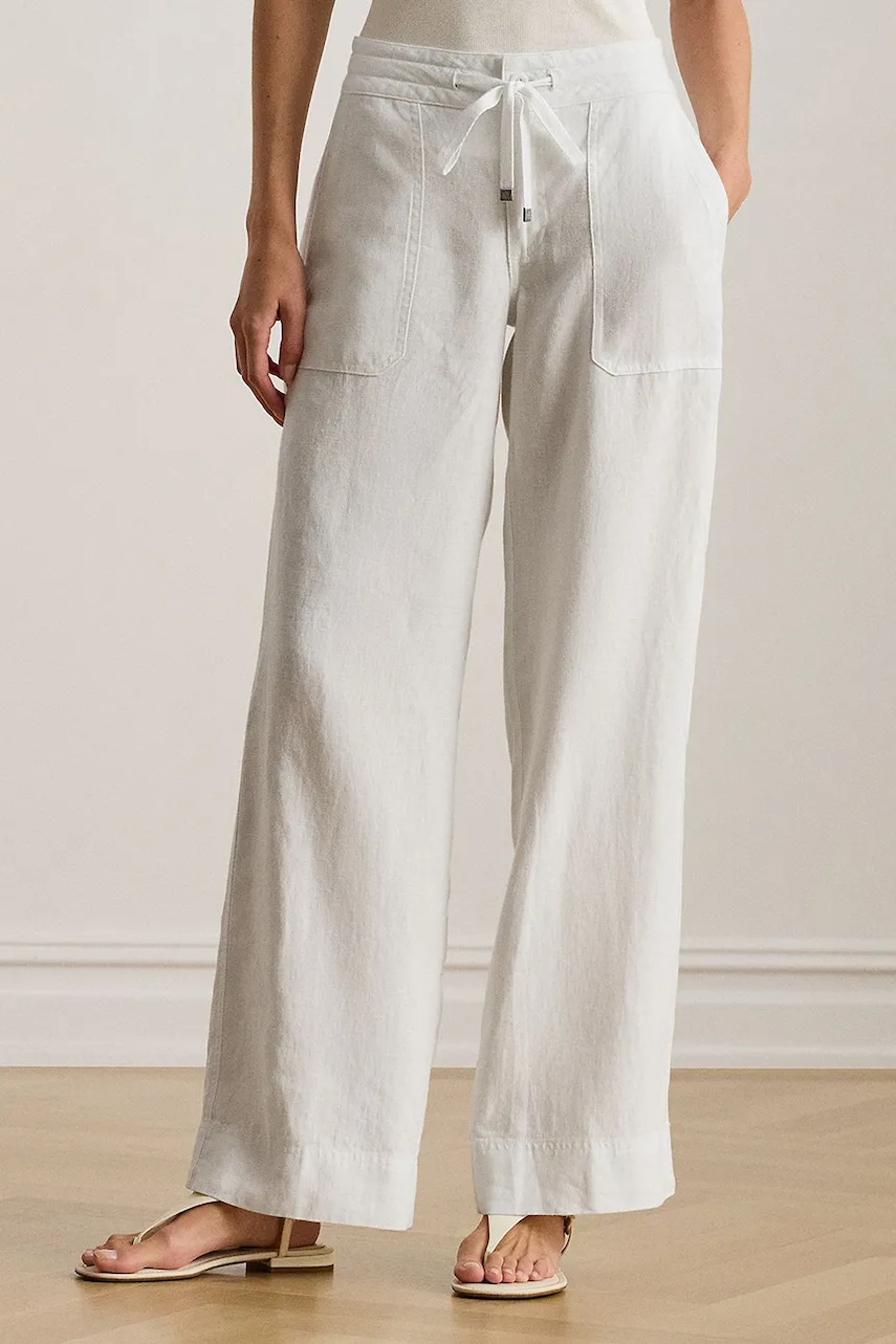 Lauren Ralph Lauren spodnie lniane kolor biały proste medium waist 200735138