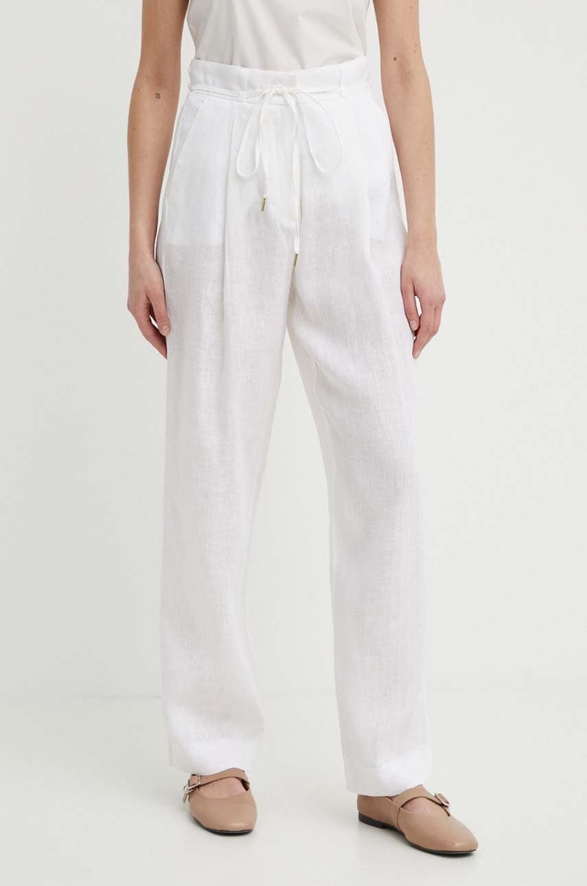 Marella pantaloni din in culoarea bej, drept, high waist, 2413131194200