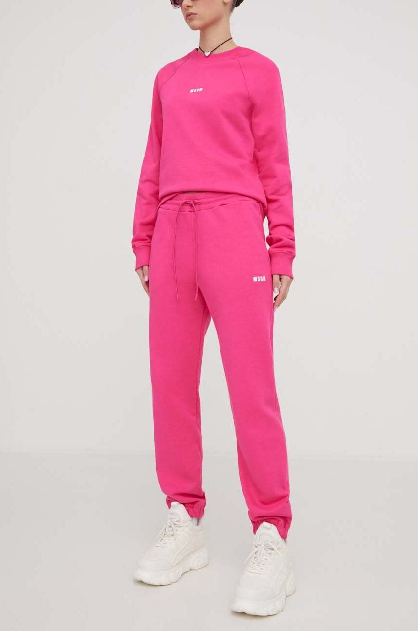 MSGM pantaloni de trening din bumbac culoarea roz, neted