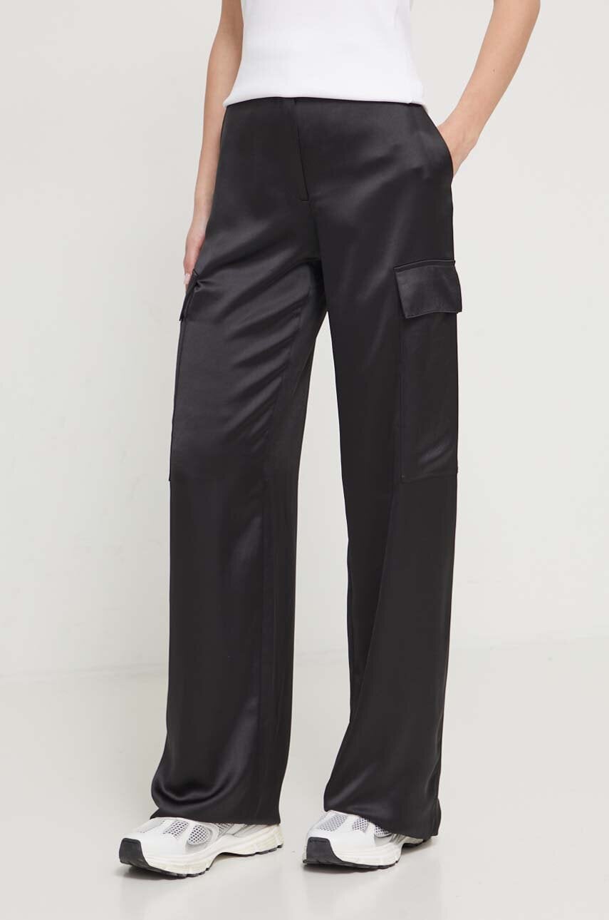 HUGO pantaloni femei, culoarea negru, lat, high waist 50511830