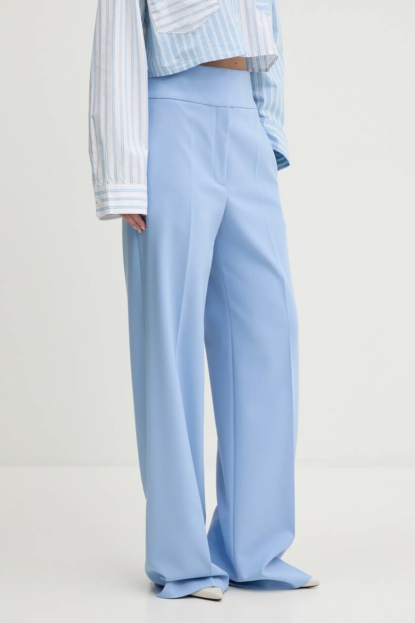 Levně Kalhoty HUGO dámské, modrá barva, široké, high waist