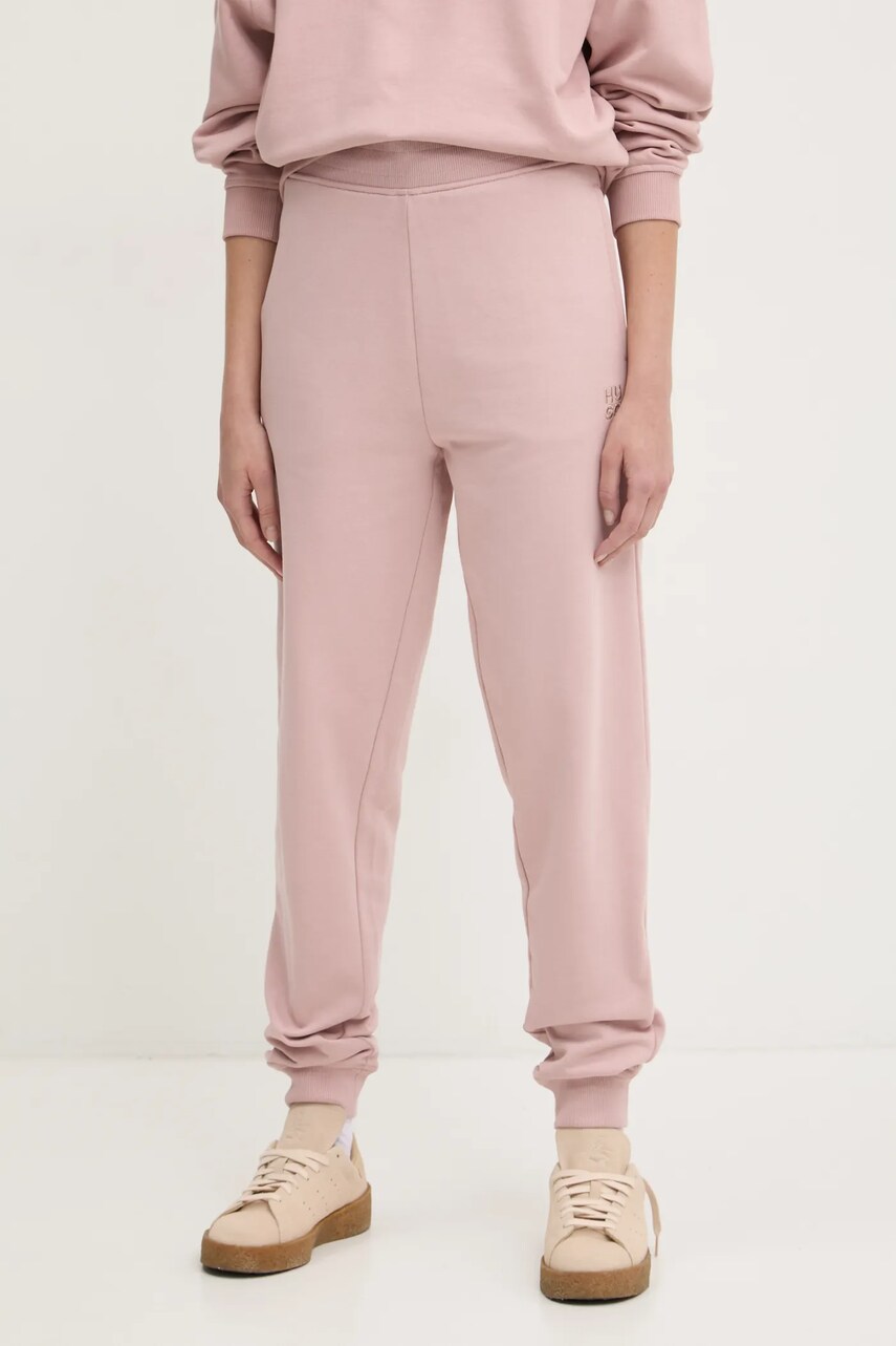 HUGO pantaloni de trening din bumbac culoarea bej, neted, 50522417