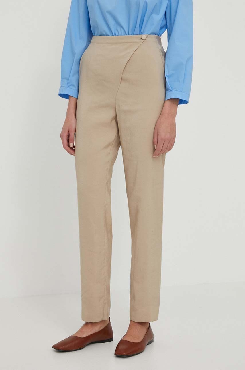 Emporio Armani pantaloni femei, culoarea bej, fason tigareta, high waist