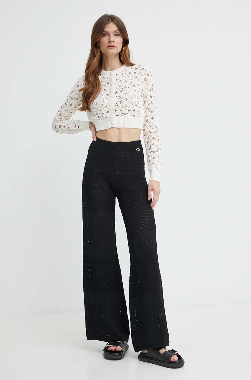 Levně Kalhoty Twinset dámské, černá barva, široké, high waist
