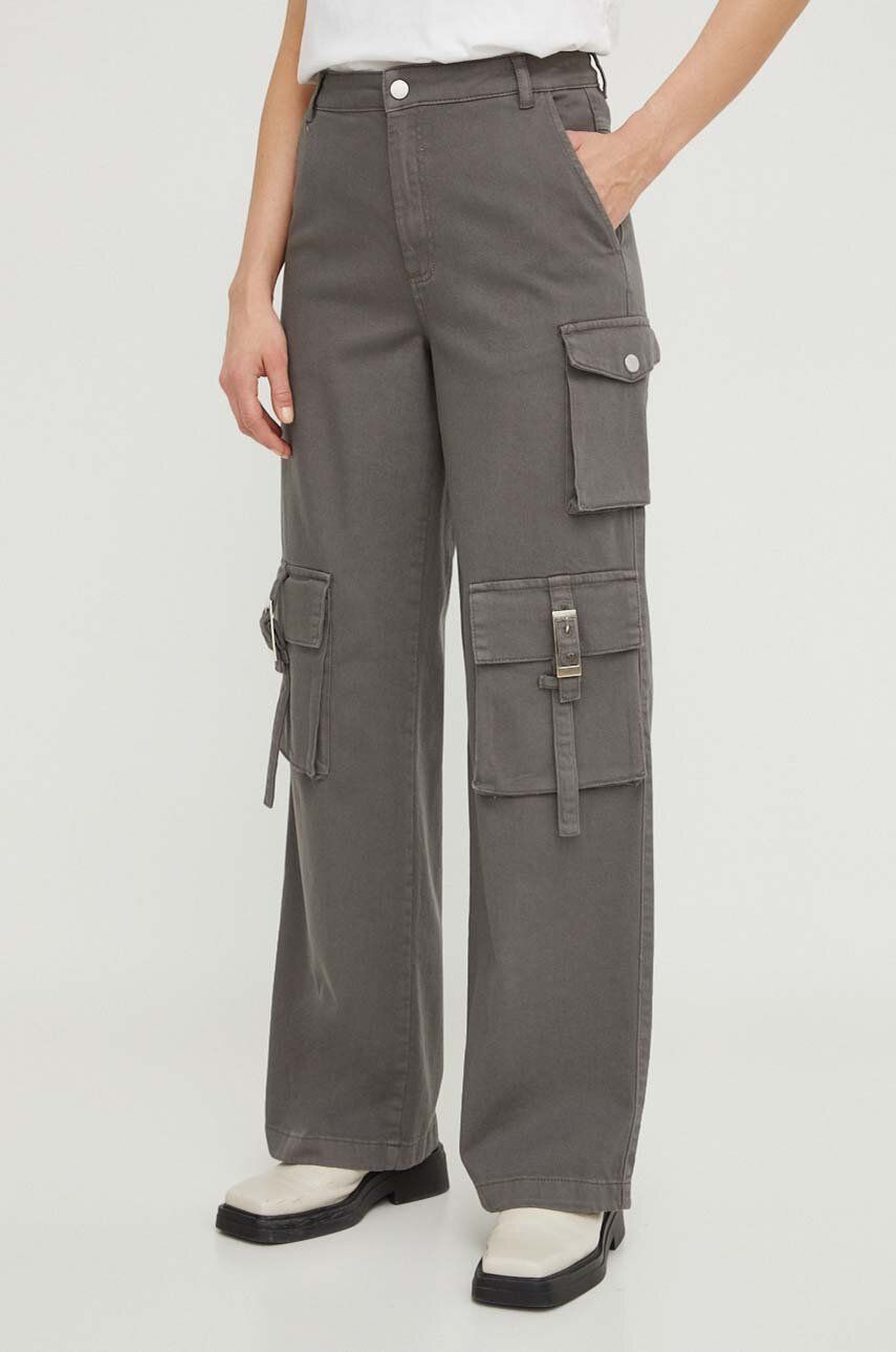 Gestuz pantaloni femei, culoarea gri, lat, high waist 10908720