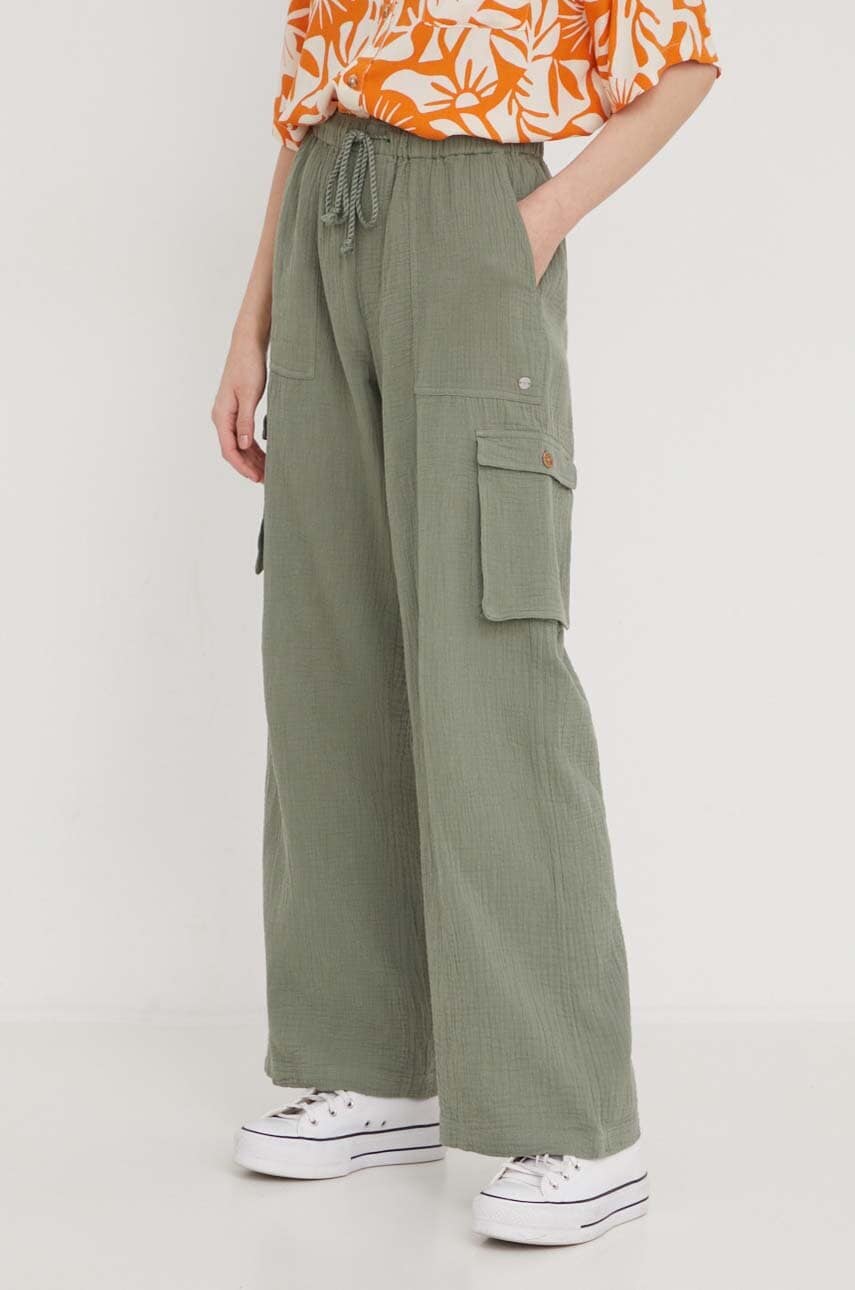 Roxy pantaloni de bumbac culoarea verde, lat, high waist