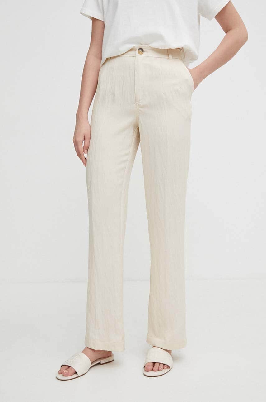 United Colors of Benetton pantaloni femei, culoarea bej, drept, high waist United Colors of Benetton pantaloni femei, culoarea bej, drept, high waist