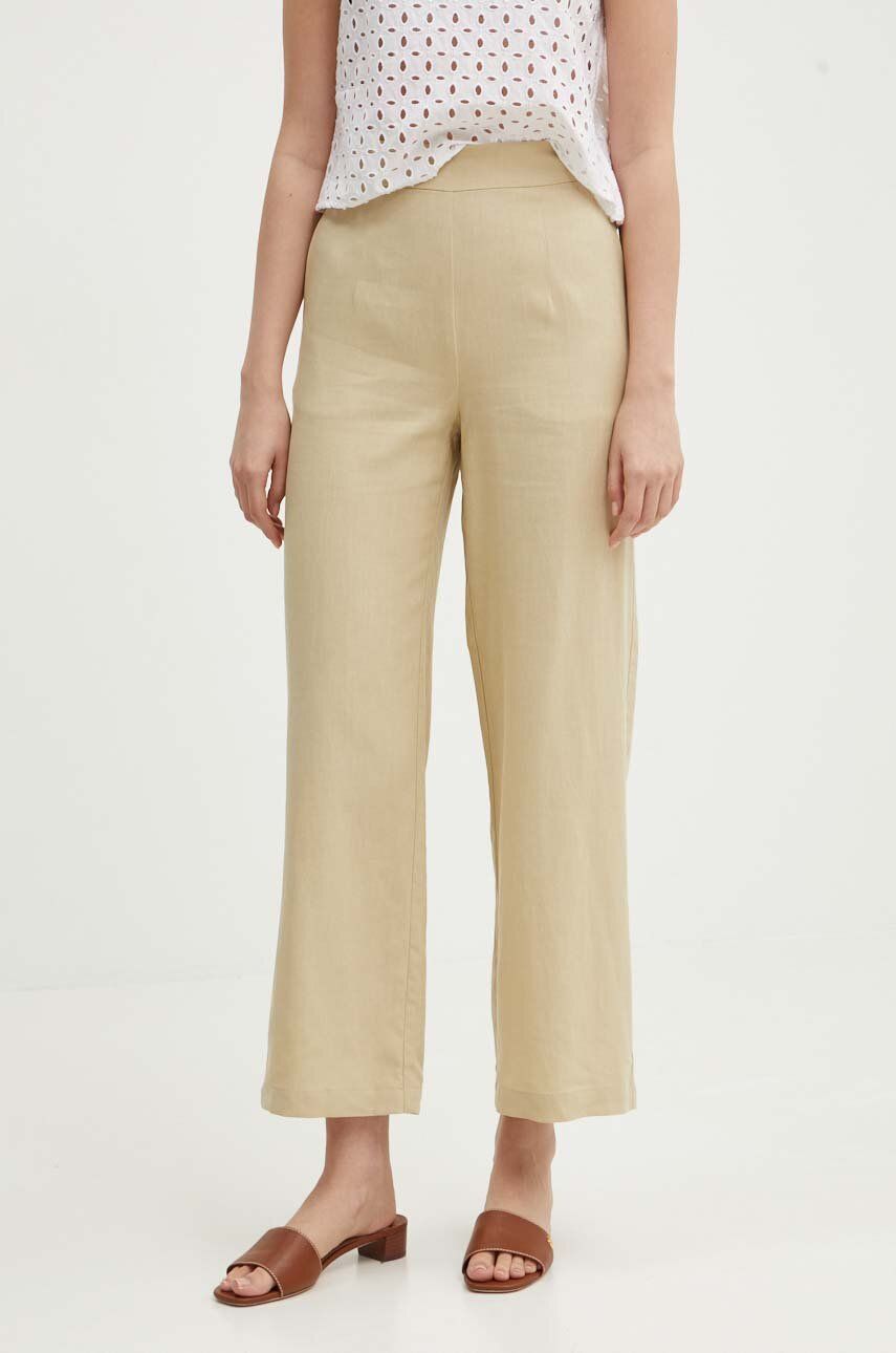 United Colors of Benetton pantaloni din amestec de in culoarea bej, lat, high waist