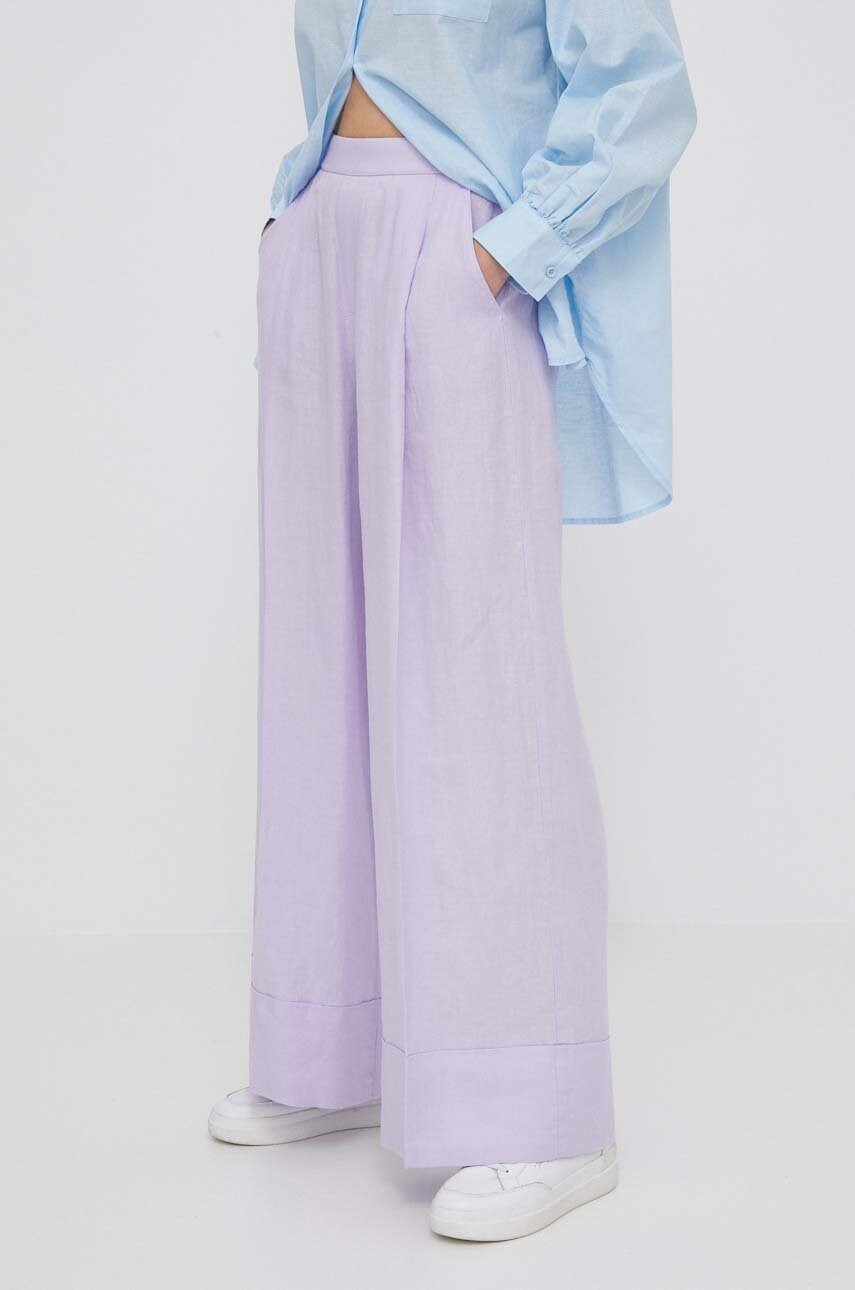 United Colors of Benetton pantaloni din in culoarea violet, lat, high waist