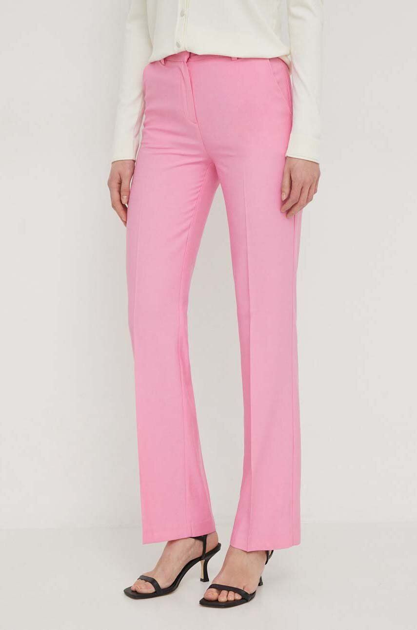 Levně Kalhoty United Colors of Benetton dámské, růžová barva, jednoduché, high waist