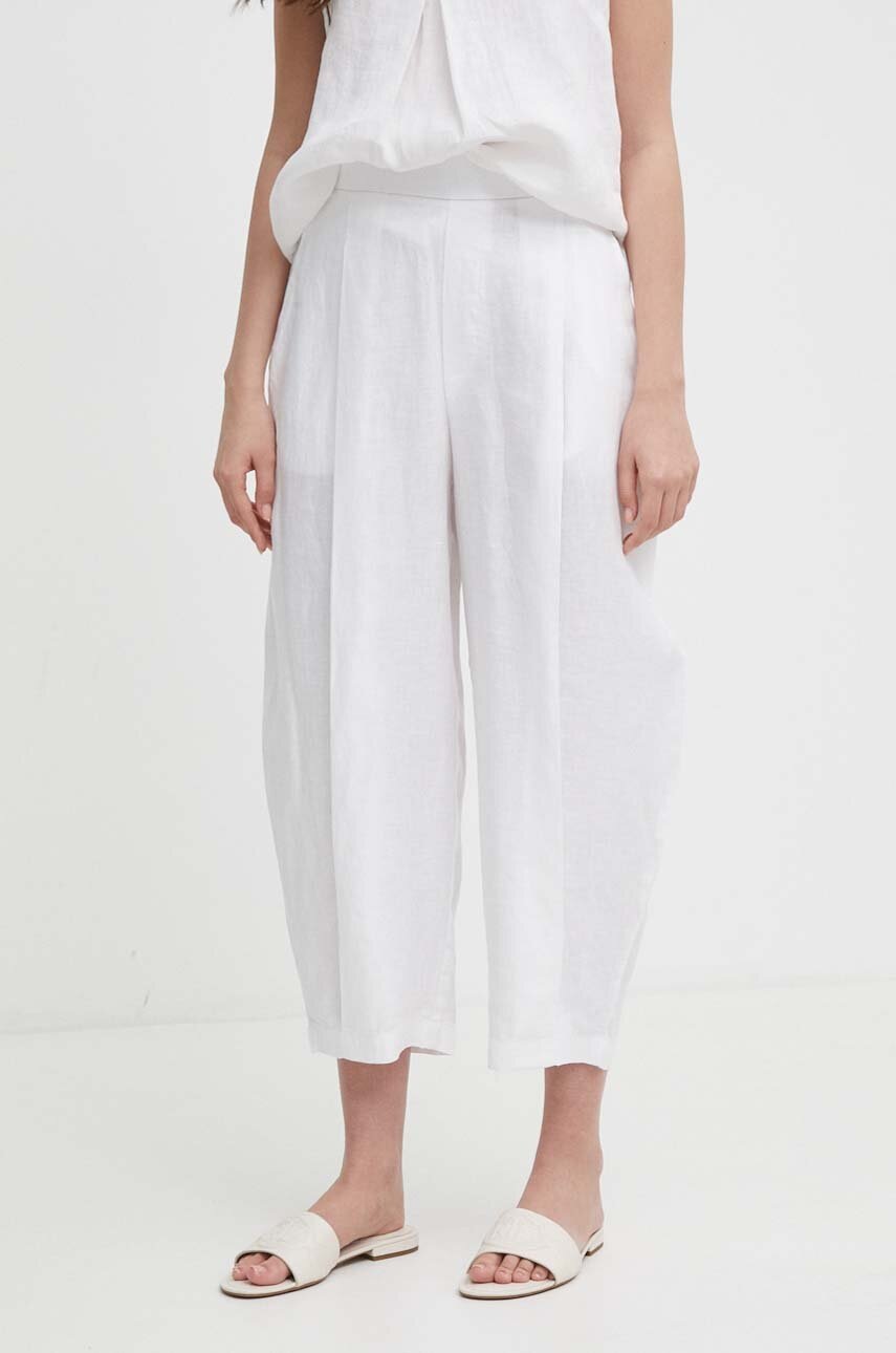 United Colors of Benetton pantaloni din in culoarea alb, lat, high waist
