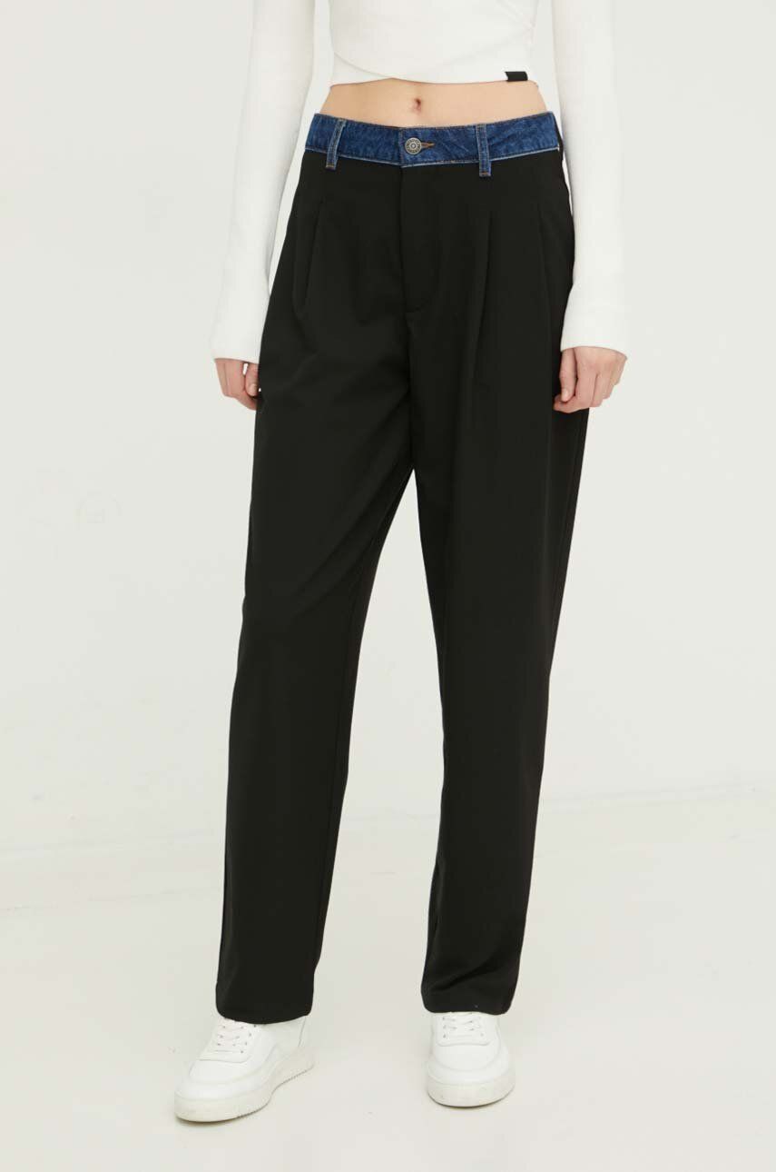 Desigual pantaloni femei, culoarea negru, drept, high waist