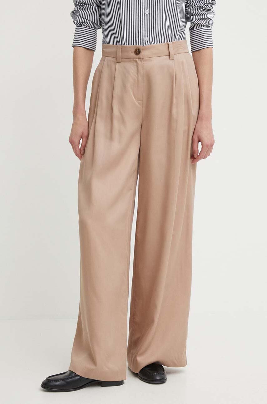 Sisley pantaloni femei, culoarea bej, lat, high waist Sisley pantaloni femei, culoarea bej, lat, high waist