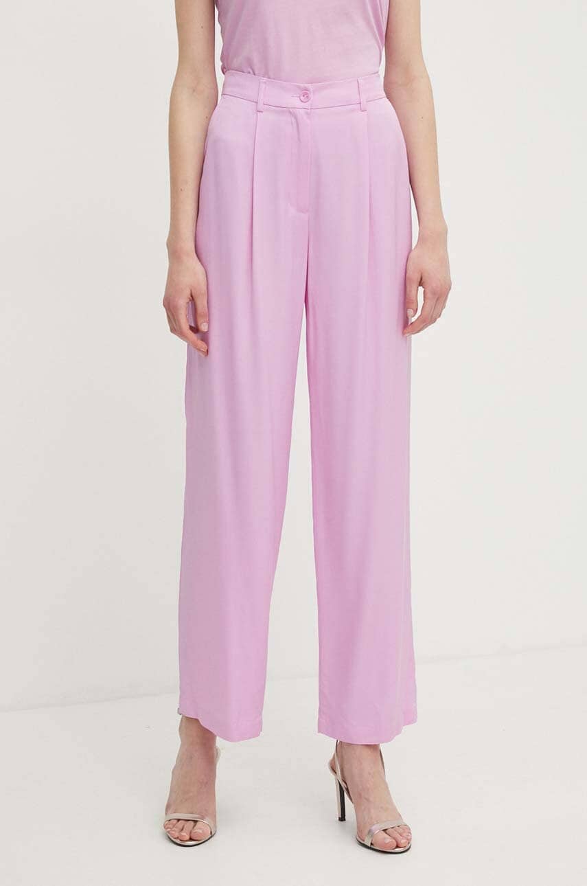 Sisley pantaloni femei, culoarea roz, drept, high waist