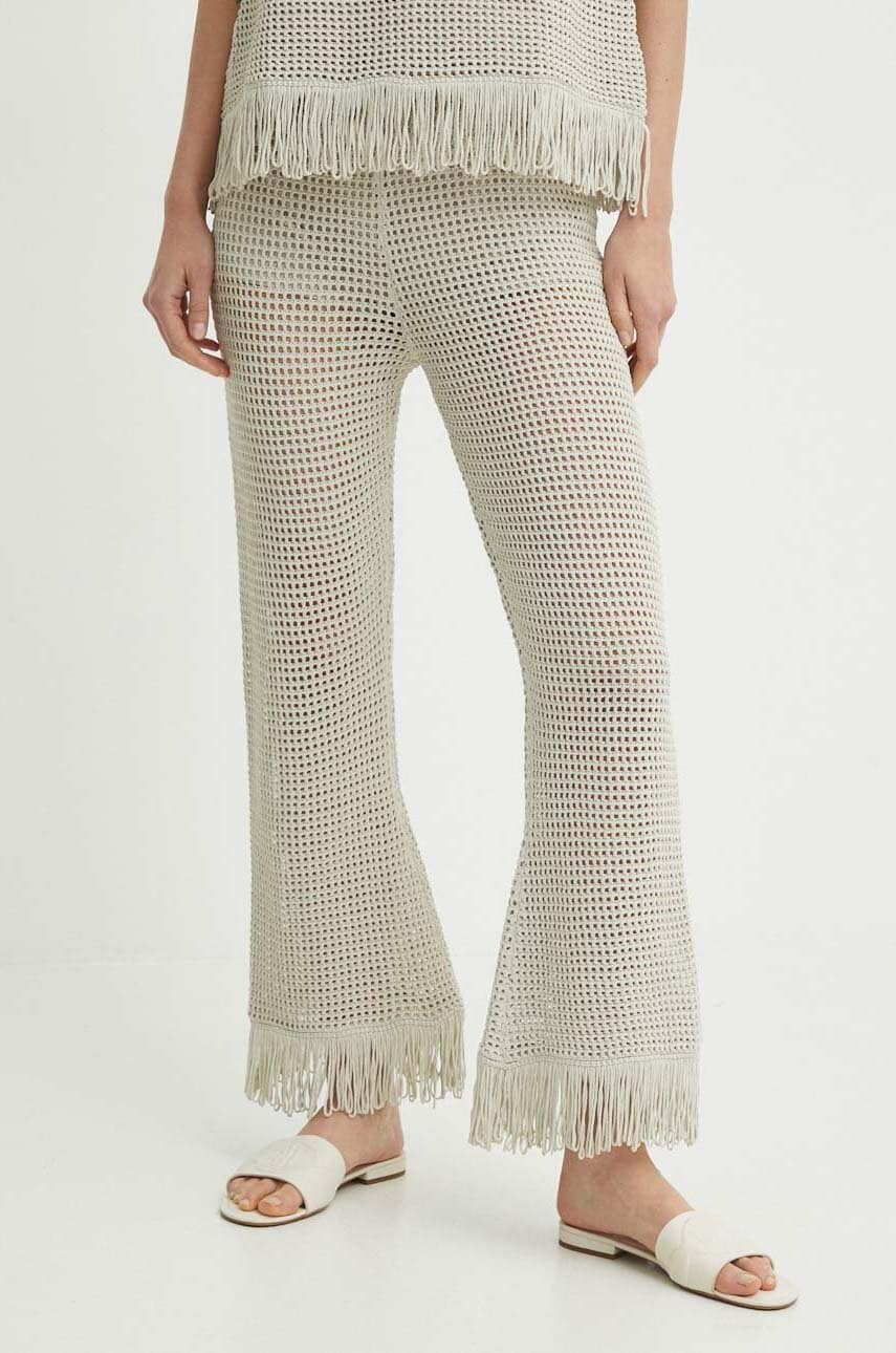 Sisley pantaloni femei, culoarea bej, drept, high waist