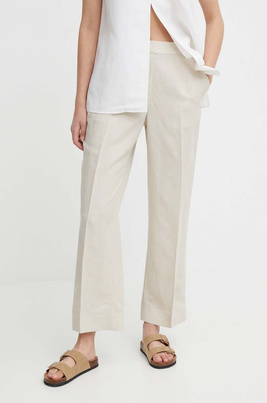 Levně Kalhoty s příměsí lnu Calvin Klein béžová barva, high waist, K20K206695
