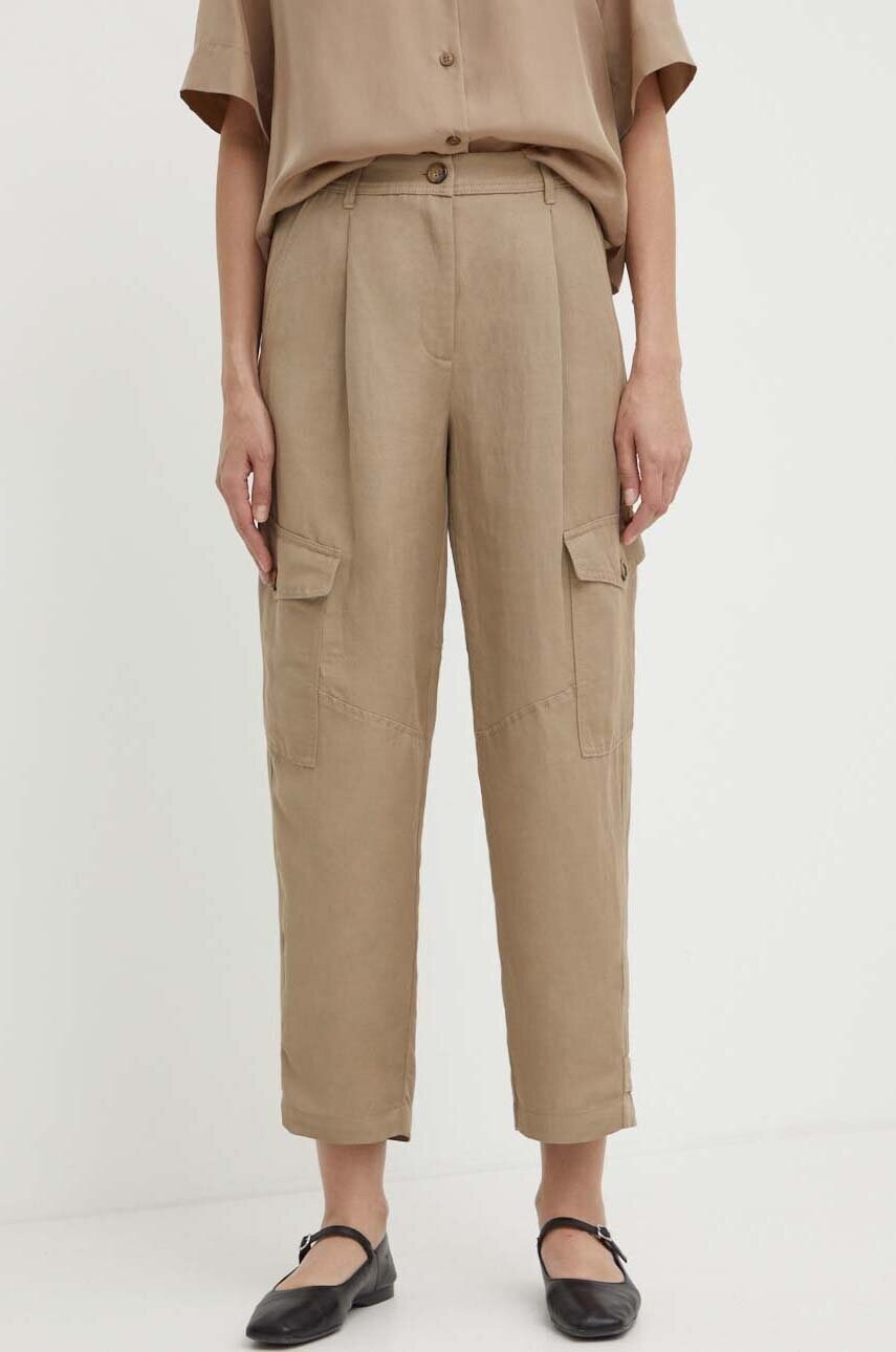 Marella pantaloni din amestec de in culoarea bej, fason cargo, high waist, 2413131045200 Marella pantaloni din amestec de in culoarea bej, fason cargo, high waist, 2413131045200
