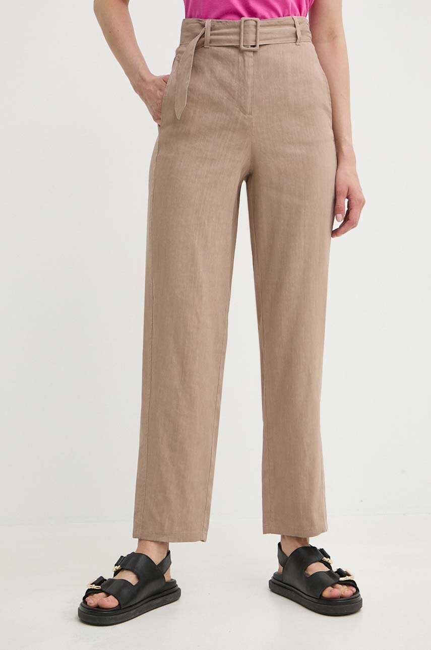 Marella pantaloni din in culoarea bej, drept, high waist, 2413131055200 2413130000000