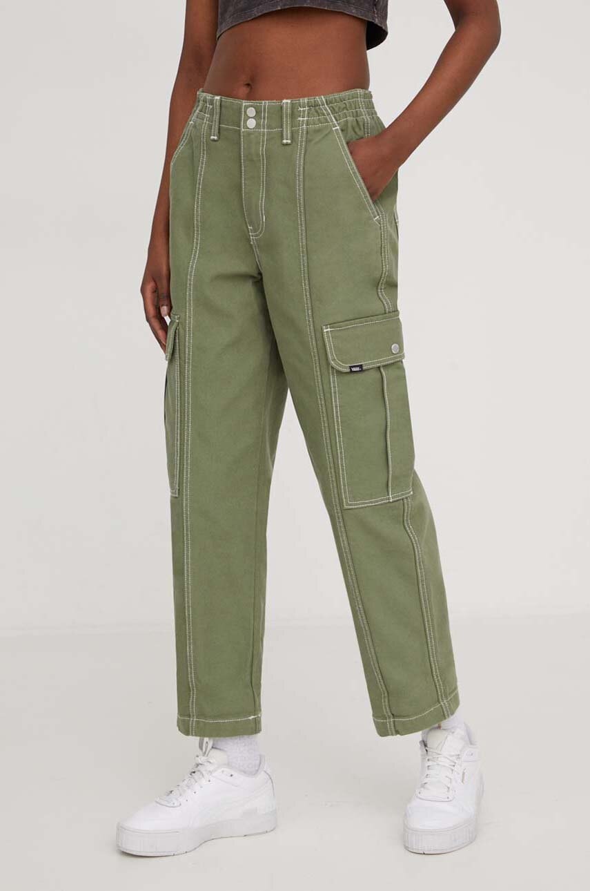 Vans pantaloni femei, culoarea verde, drept, high waist