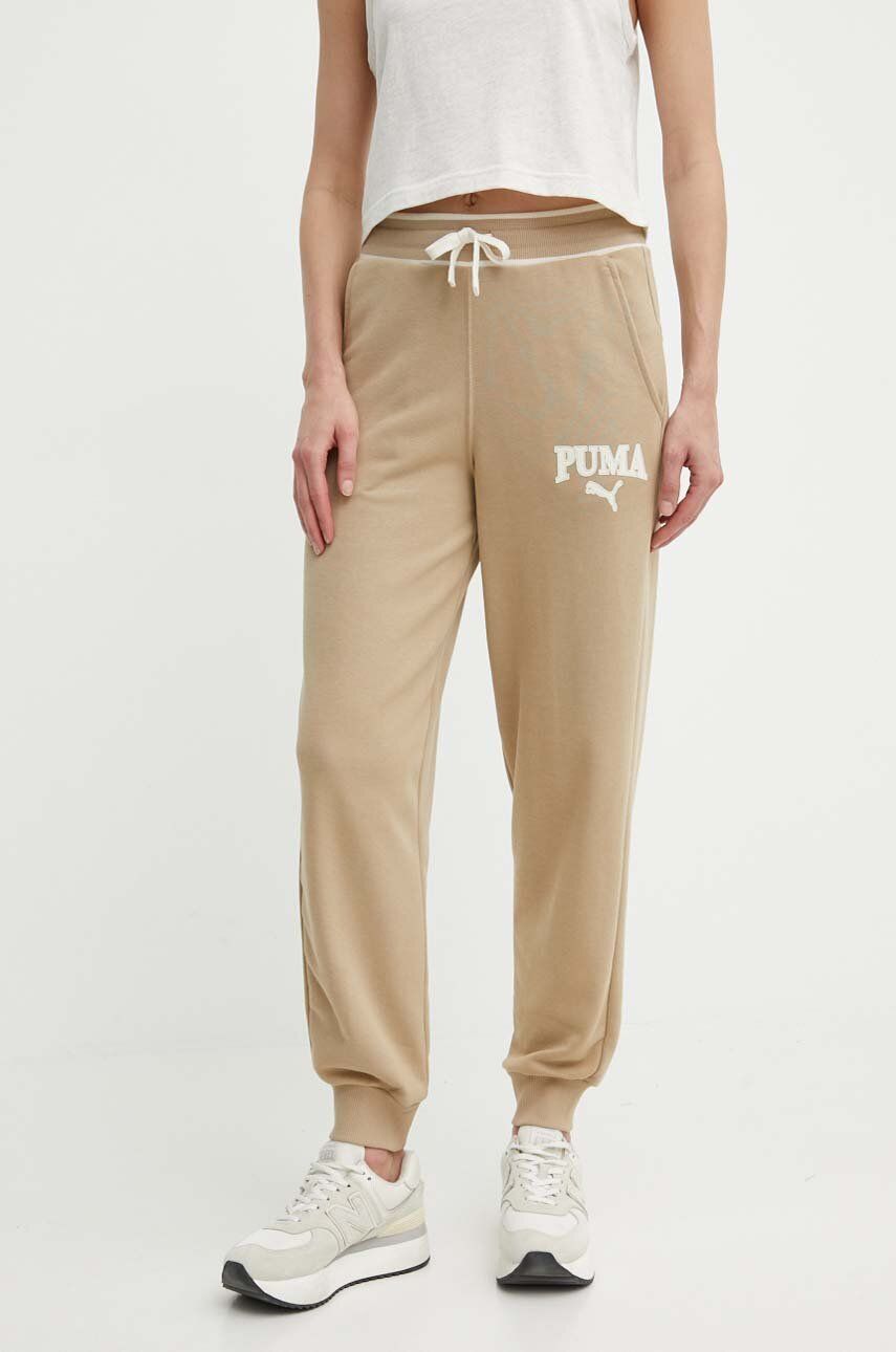 Puma pantaloni de trening SQUAD culoarea bej, cu imprimeu, 677901