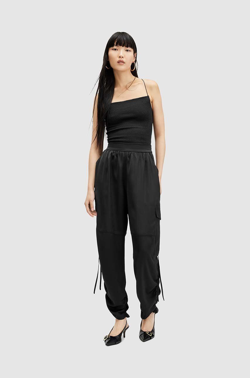 E-shop Kalhoty AllSaints dámské, černá barva, široké, high waist