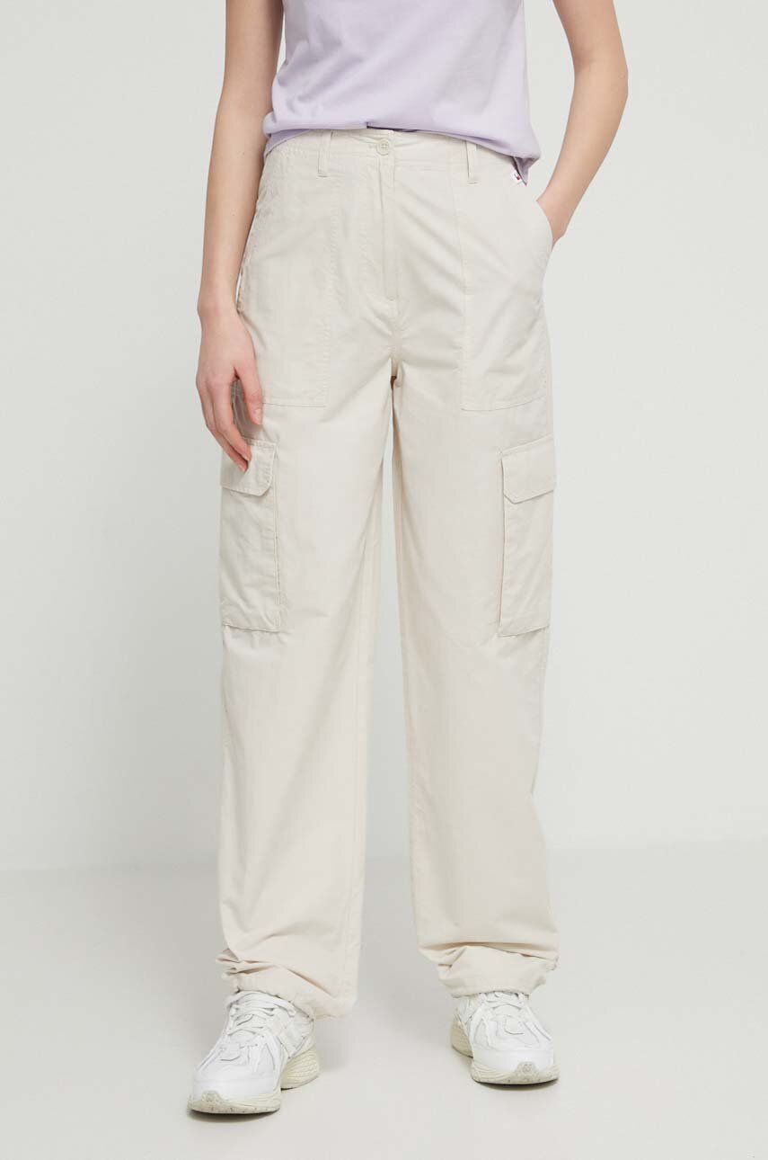 Tommy Jeans pantaloni femei, culoarea bej, drept, high waist DW0DW17769