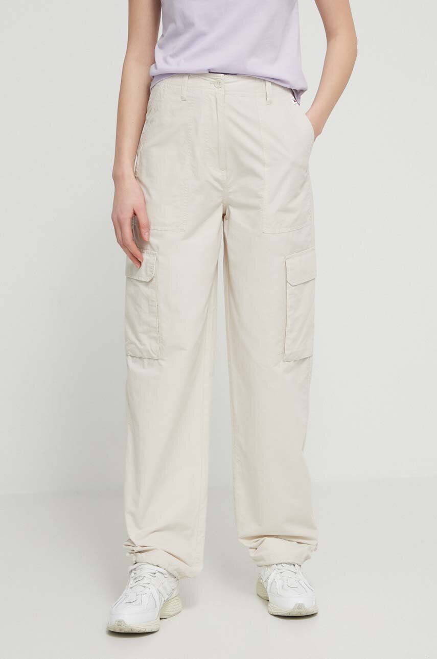 Tommy Jeans pantaloni femei, culoarea bej, drept, high waist