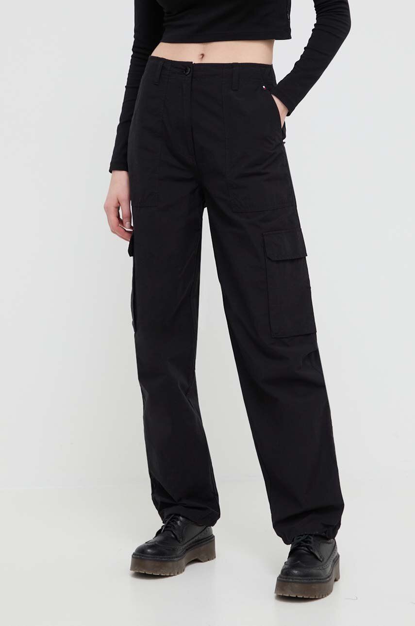 Tommy Jeans pantaloni femei, culoarea negru, drept, high waist DW0DW17769