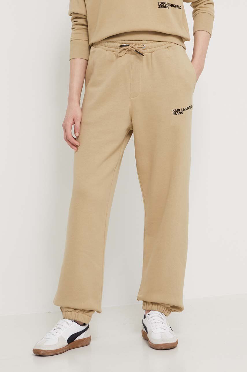 Karl Lagerfeld Jeans pantaloni de trening culoarea bej, cu imprimeu
