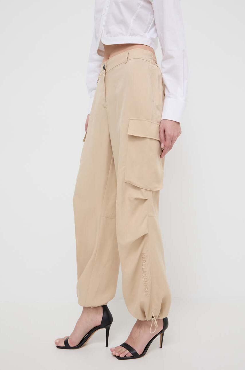 Karl Lagerfeld pantaloni din amestec de in culoarea bej, fason cargo, high waist