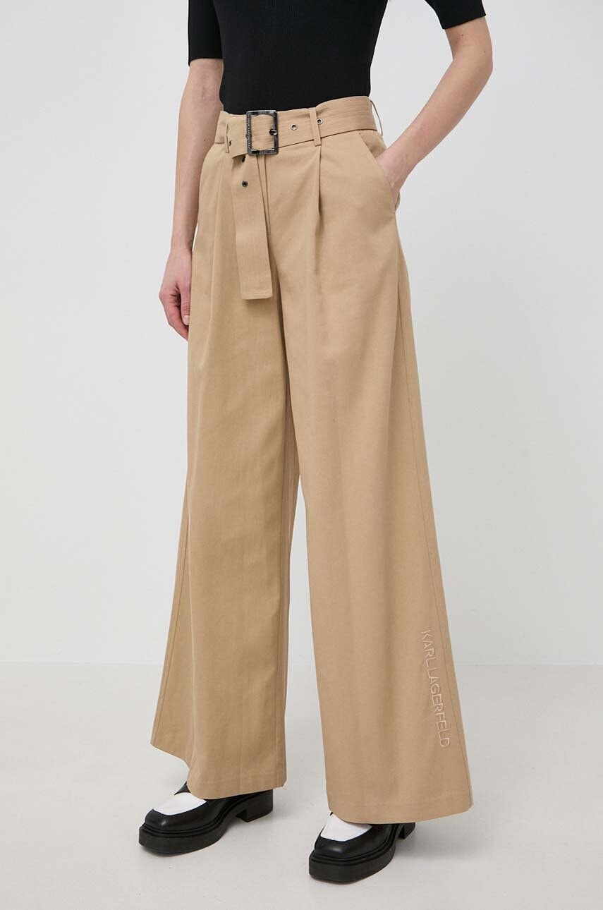 Karl Lagerfeld pantaloni femei, culoarea bej, drept, high waist