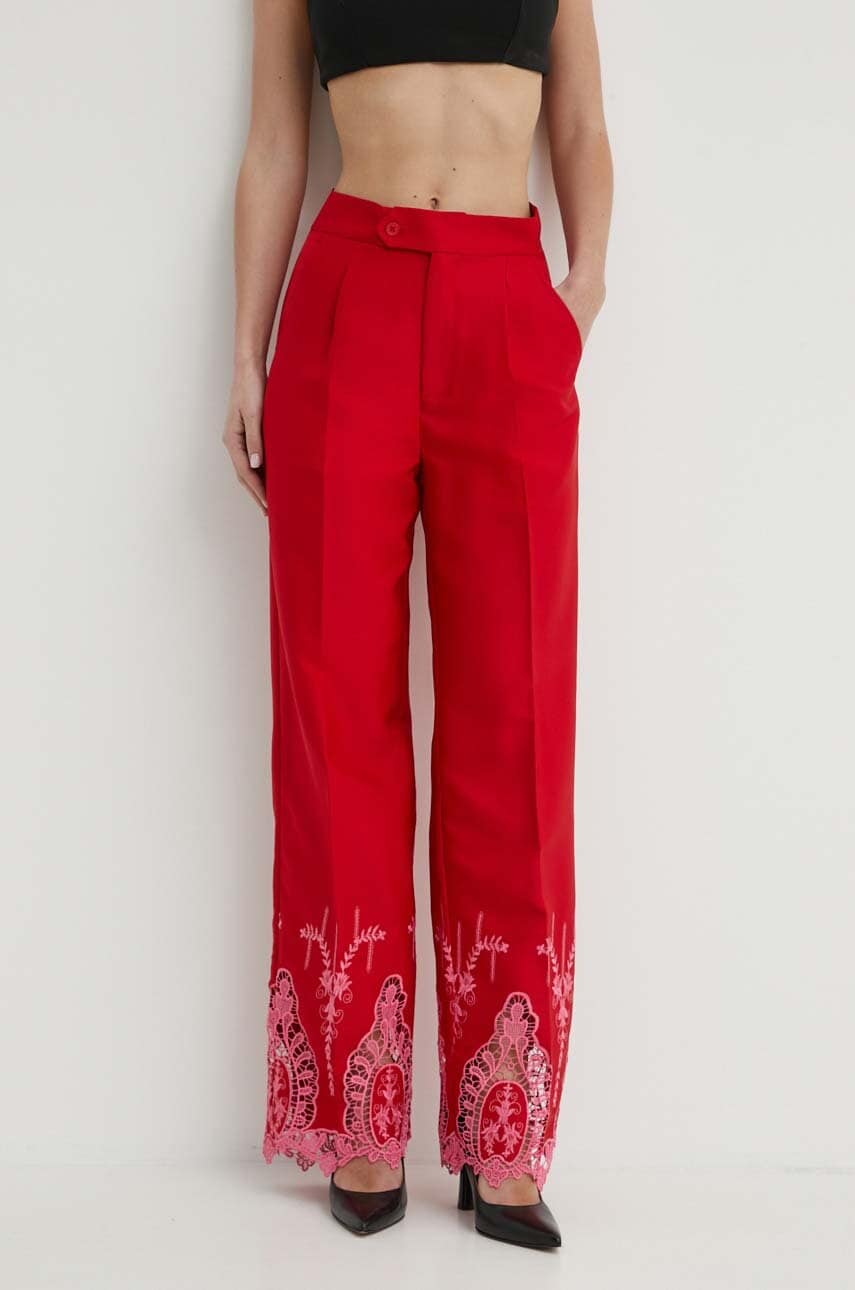 Never Fully Dressed pantaloni femei, culoarea rosu, drept, high waist Never Fully Dressed pantaloni femei, culoarea rosu, drept, high waist