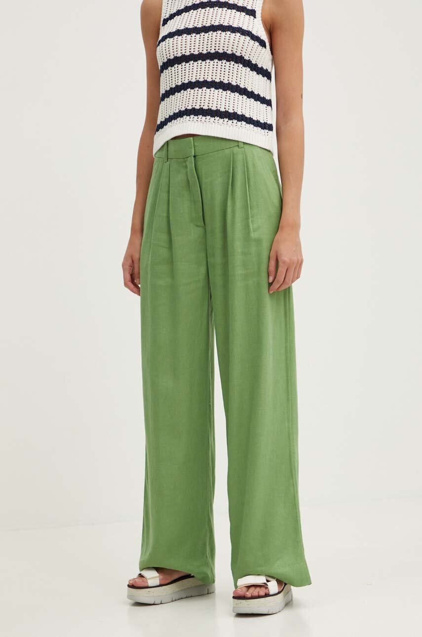 Abercrombie & Fitch pantaloni din in culoarea verde, lat, high waist