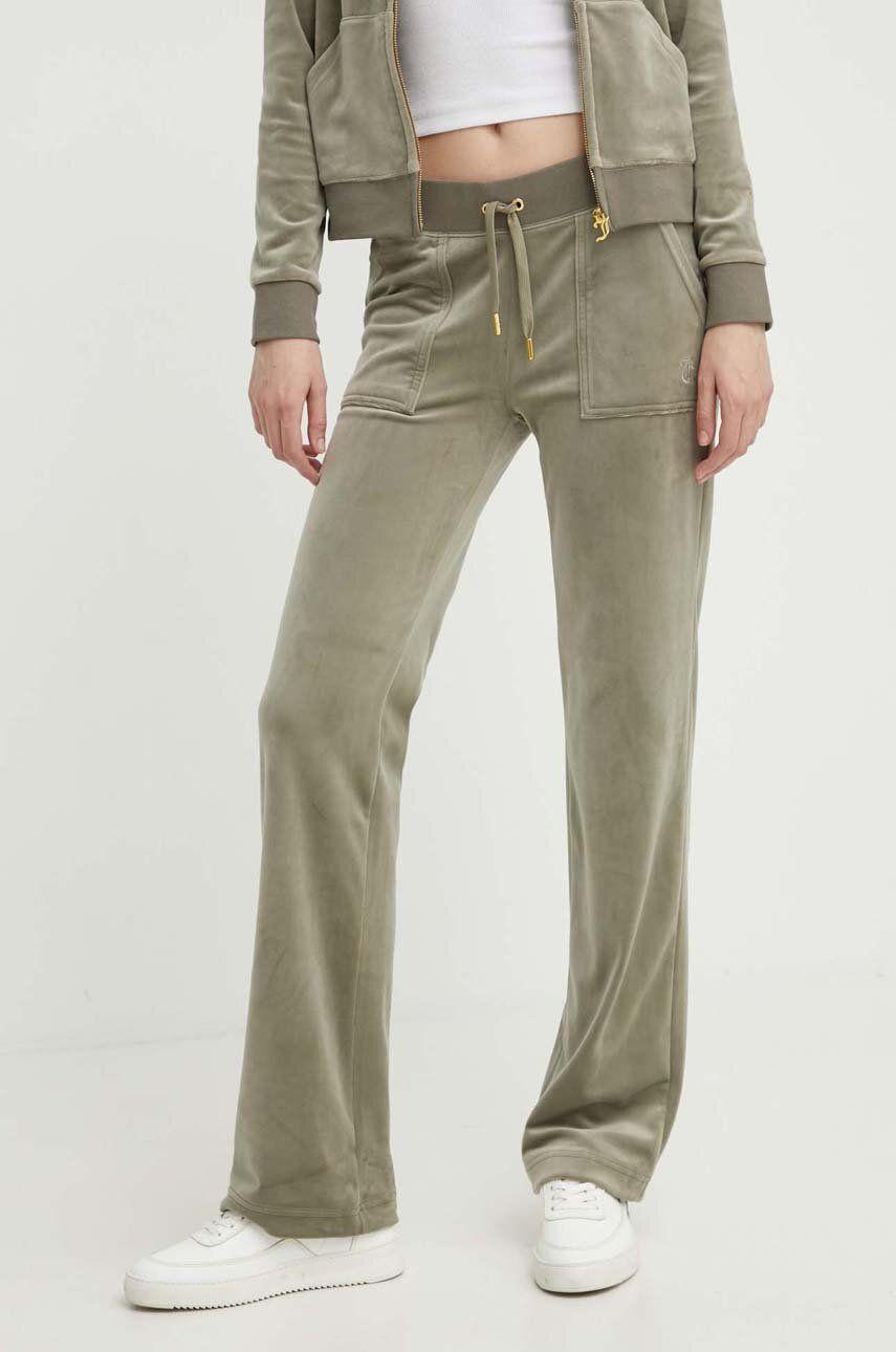 Juicy Couture pantaloni de trening din velur culoarea verde, neted, JCAP180G