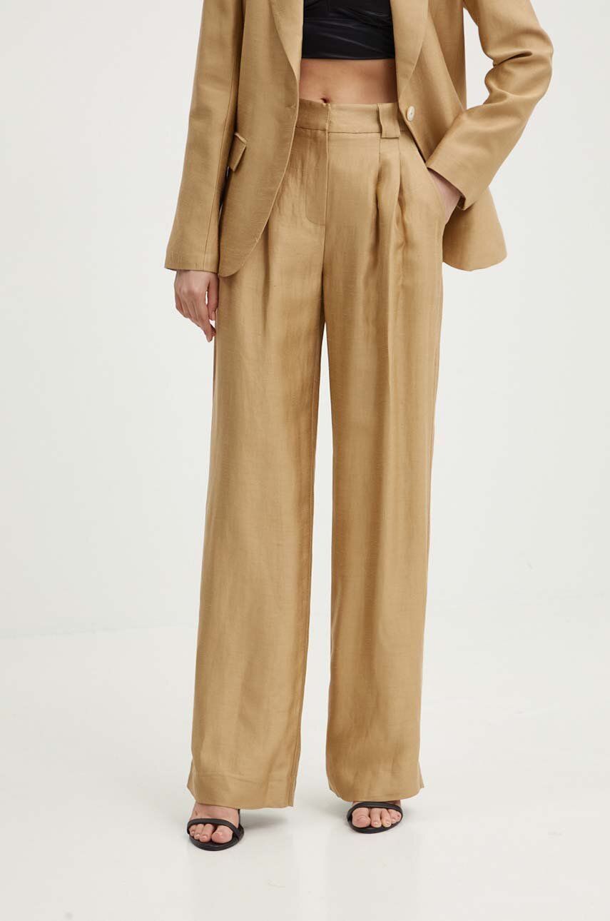 La Petite Française pantaloni din amestec de in PASSIONNE culoarea bej, drept, high waist