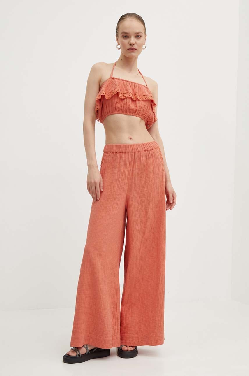 Roxy pantaloni de bumbac GOLDEN TROPICS culoarea portocaliu, lat, high waist, ERJNP03568 Roxy pantaloni de bumbac GOLDEN TROPICS culoarea portocaliu, lat, high waist, ERJNP03568