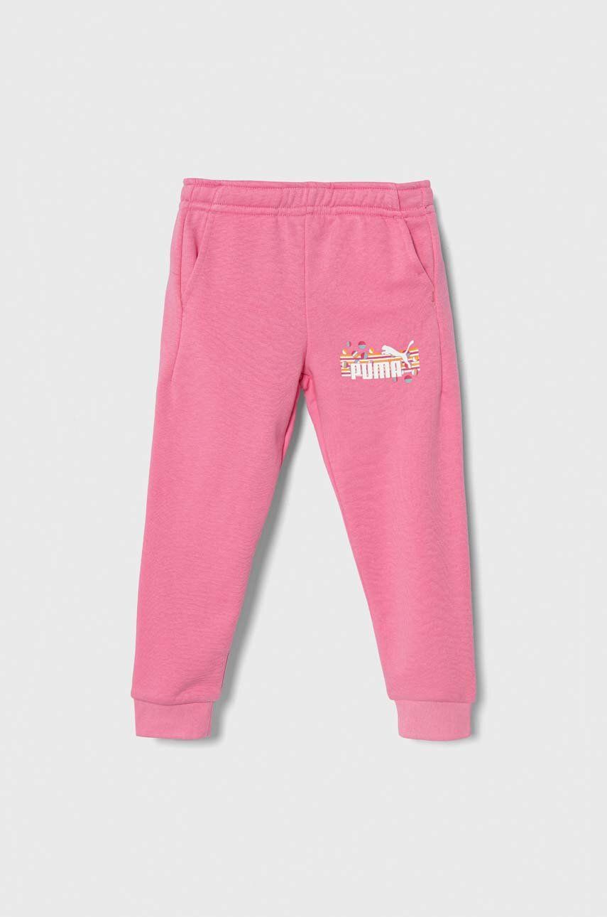 Puma pantaloni de trening pentru copii ESS+ SUMMER CAMP Sweatpants TR culoarea roz, cu imprimeu