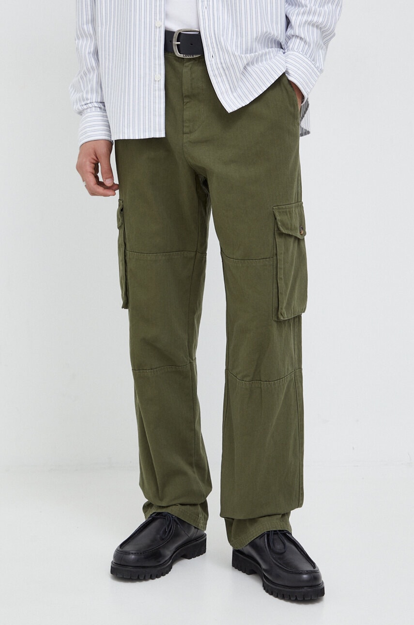 Les Deux pantaloni de bumbac culoarea verde, drept