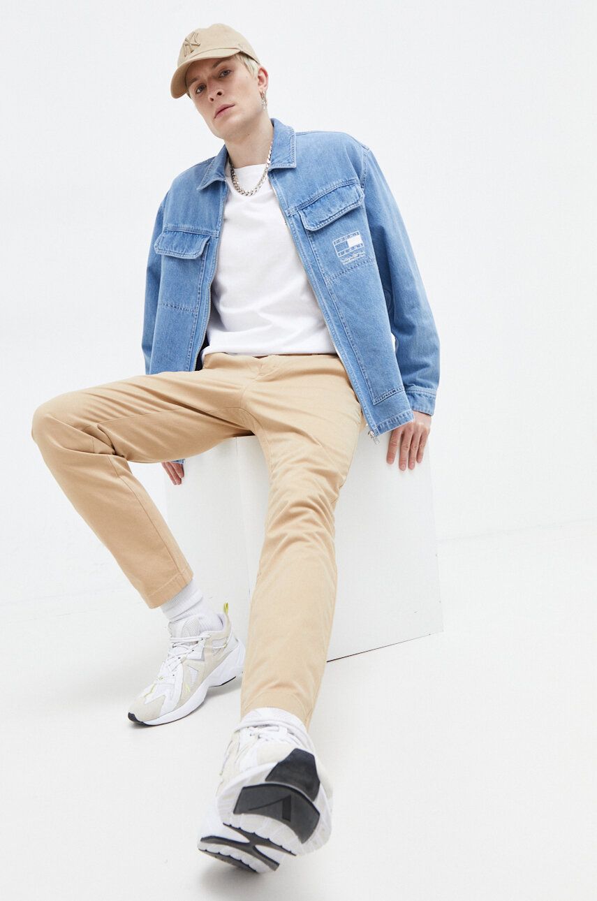 Levně Kalhoty Tommy Jeans pánské, béžová barva, jednoduché, DM0DM18339