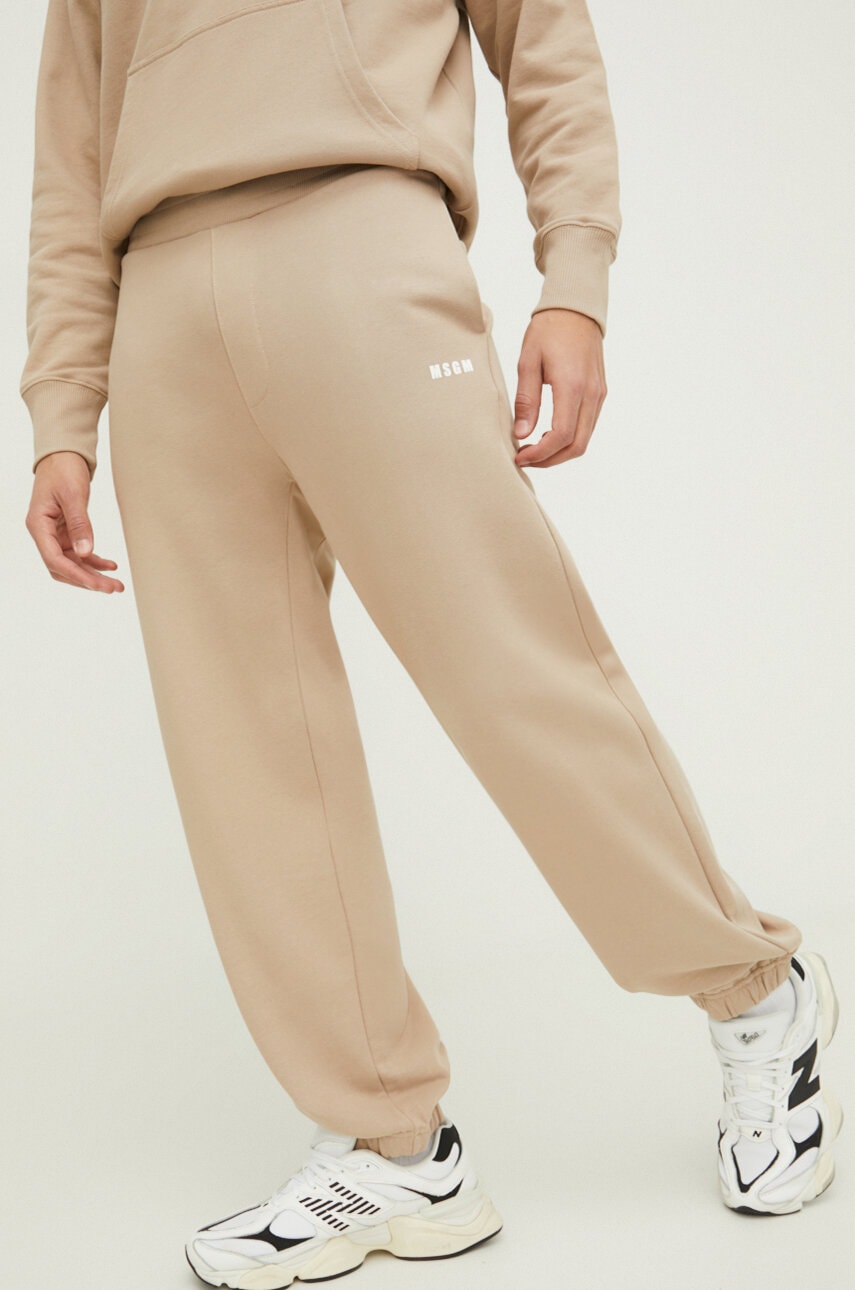 MSGM pantaloni de trening din bumbac culoarea bej, neted