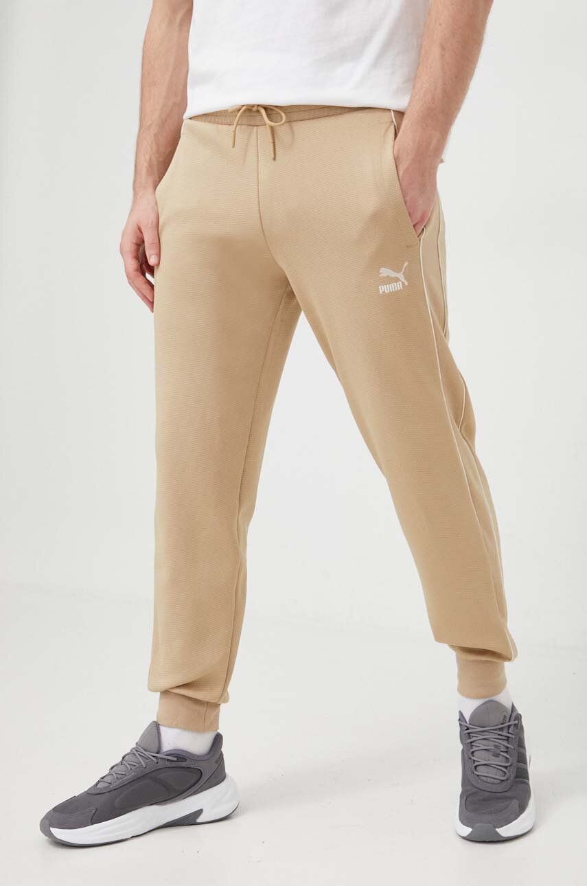 Puma pantaloni de trening T7 culoarea bej, uni 678972