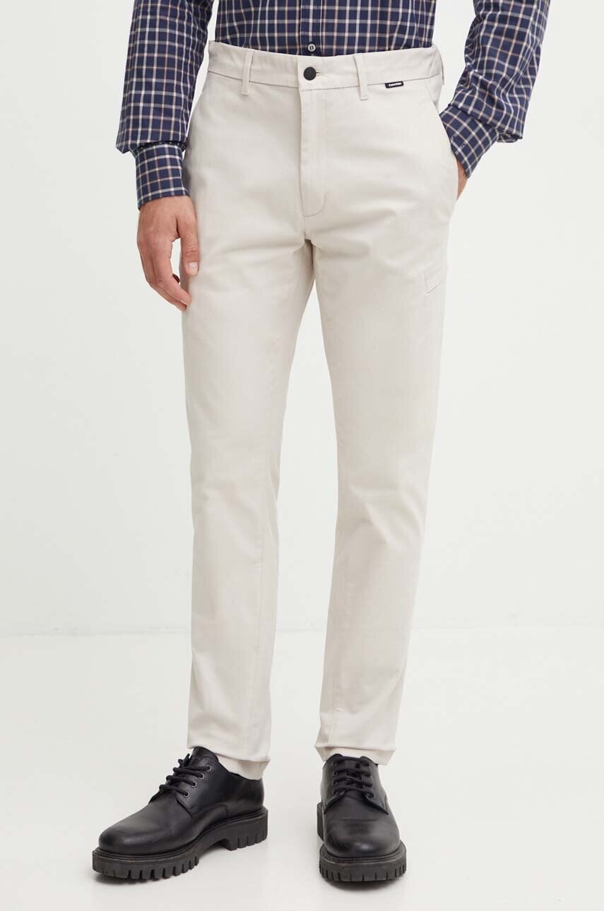 Levně Kalhoty Calvin Klein pánské, béžová barva, přiléhavé, K10K112827