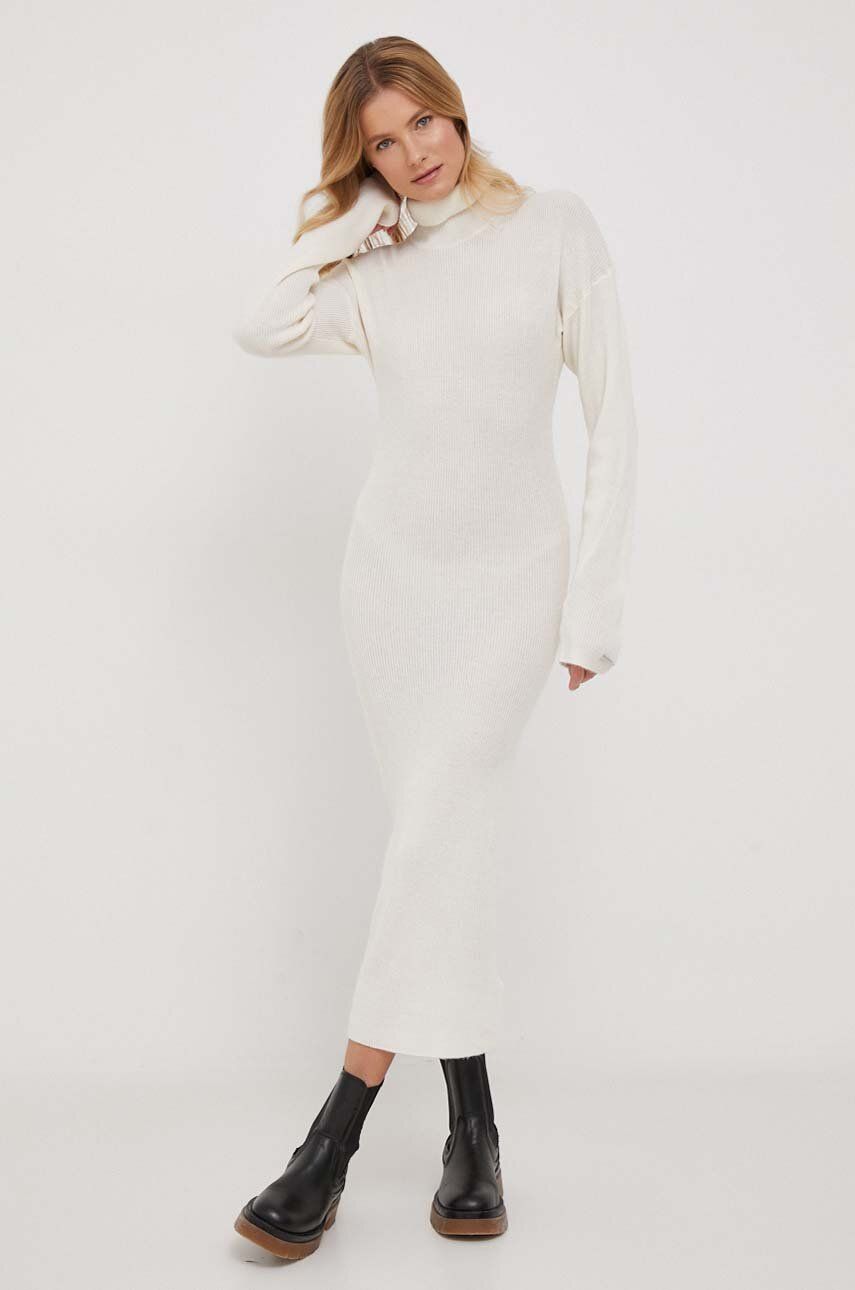 Levně Vlněné šaty Calvin Klein béžová barva, maxi