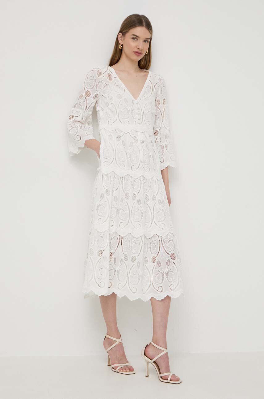 Luisa Spagnoli rochie din bumbac PIGNA culoarea alb, midi, evazati, 540712