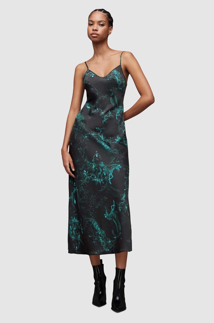 AllSaints rochie din matase Melody culoarea verde, midi, drept